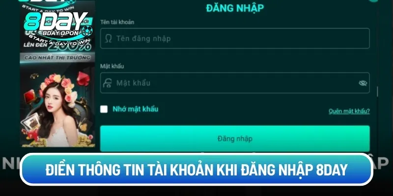 Điền thông tin tài khoản khi đăng nhập 8day